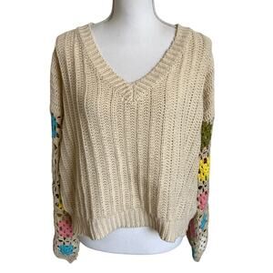 Dreamers by Debut Sweater Medium Large Cream Crochet Granny Square Sleeves Boho